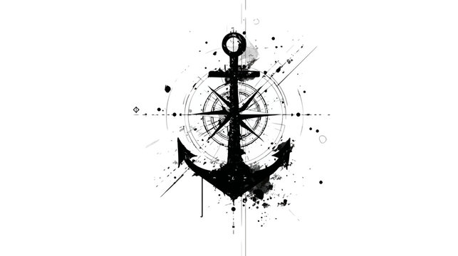 Artistic ink design showcasing a black anchor, compass details, and splatters on a white backdrop
