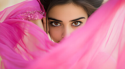 Intense Eyes of Indian Woman in Pink Fabric