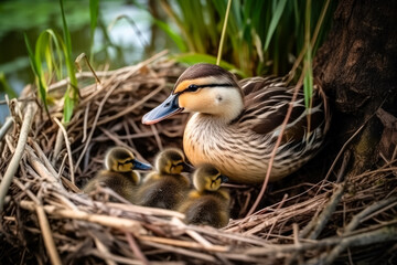Mother Duck and Her Adorable Ducklings in a Nest