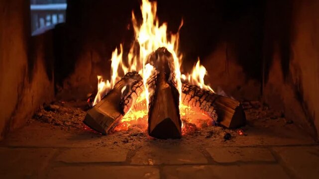 Cozy Room Ambiance Wider, steady shot of a beautifully designed fireplace as the focal point within a warm, inviting, and empty living room, softly lit to emphasize the winter coziness without any