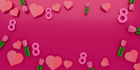 Women's Day background with 3d 8 numbers and elegant flowers. 3d render.