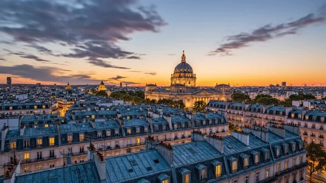 Time-lapse of the cityscape of Paris France with sun setting over the historical church during golden hour