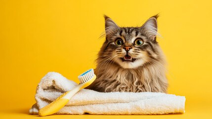 Playful Cat with Toothbrush on Yellow Background