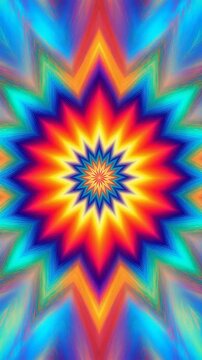 Vibrant psychedelic starburst pattern with rainbow colors and sharp geometric points