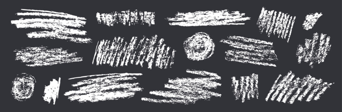 White crayon or charcoal shapes set. Doodle forms with grunge pastel pencil texture. Hand drawn chalk scribbles or rough elements. Sketchy brushes for banner design, graffiti, childish drawing.