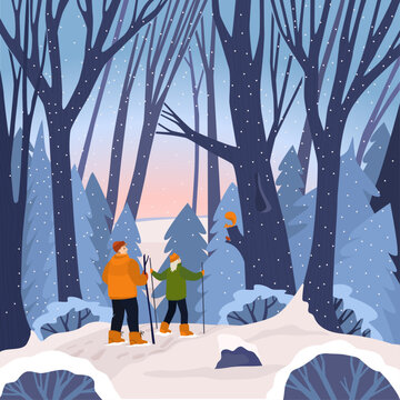 A frosty evening. A boy and a girl are walking through a winter forest. We met a squirrel in a tree. It's snowing at sunset.