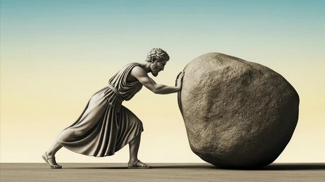 Statue of man pushing boulder uphill, symbolizing struggle, effort, and perseverance