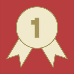 Obraz premium Minimalist First Place Award Icon Featuring a Gold Number One on a Cream Circle with Ribbons Set Against a Vibrant Red Background for Achievement Recognition and Winner Victory Celebration