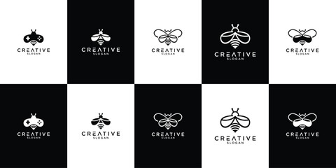 Bee insect illustration logo set collection with clean minimal style vector logo, representing nature, pollination, and eco wildlife concept.