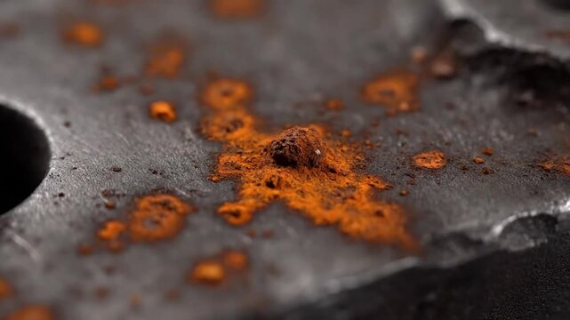 Time-lapse of rust forming on a metal surface, showing the oxidation process and corrosion over time.