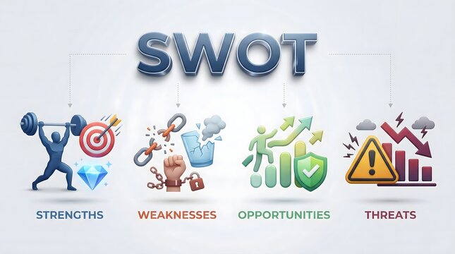 SWOT analysis concept with strengths, weaknesses, opportunities, threats