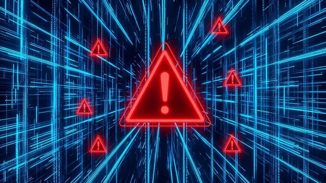 Digital warning symbols on grid background