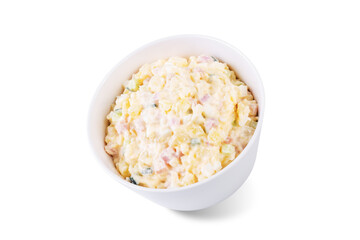 Ham and potato salad in a bowl on a white isolated background