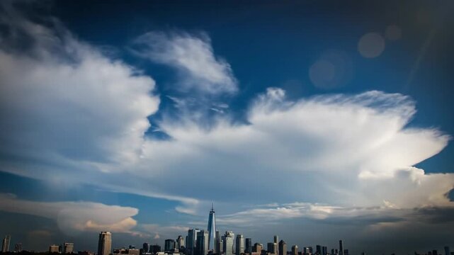 Epic cloudscape above the New York City skyline with One World Trade Center against a bright blue sky