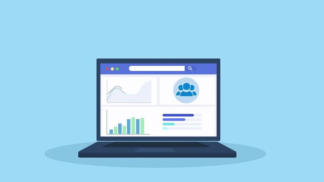 Animated laptop displaying team collaboration dashboard interface with charts and group icon, representing teamwork analytics, project monitoring, and digital workspace management.
