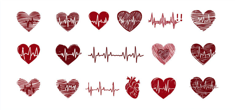 vector set of bold red heart rate lines and symbols on a transparent background, vector illustration design for a valentine's day card or healthcare concept. high-resolution, with realistic details