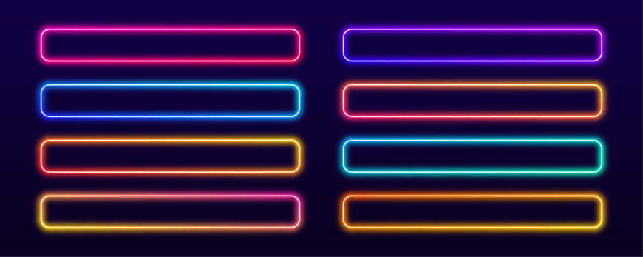 Neon rectangular frames with rounded edges glow in vibrant gradient colors. Electric light borders add dynamic depth and motion effect. Ideal for banners, digital ads, or tech visuals.
