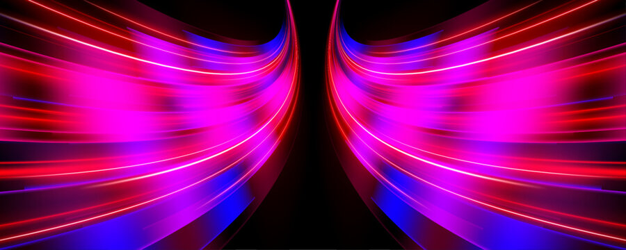 Intense red and blue neon speed track burns with motion blur. Sharp acceleration trails form dramatic racing visuals. Ideal for high-speed motion graphics.