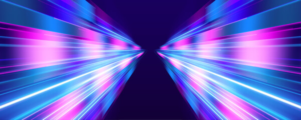 Fast neon blue and magenta trails twist along a dark urban highway. Motion blur creates dynamic depth and acceleration. Perfect for racing or cyberpunk visuals.