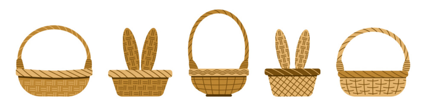 Empty wicker basket set. Traditional willow basket isolated elements. Hand drawn simple vector illustration. Easter design clipart collection
