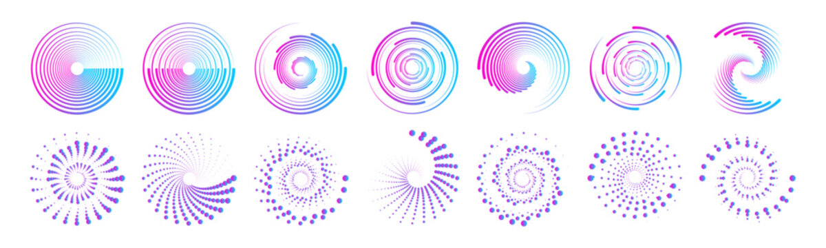 Purple dotted spirals combined with halftone circular rings. Vector design for backgrounds, logos, or digital media. Minimalist geometric textures for creative use.