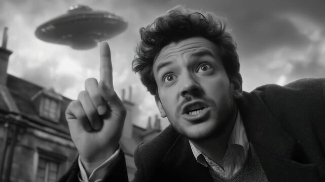 A man looks up, pointing at a flying saucer hovering above buildings with dark clouds in the background. Ufo witness concept