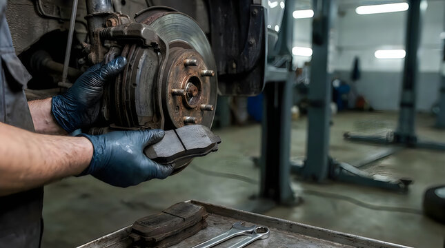 Mechanic changing brake pads on a car in a professional auto repair shop. Close-up of hands in blue gloves holding new brake pad near disc brake rotor.