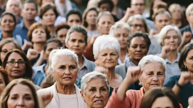 A diverse group of women of various ages and ethnicities stand together, raising their fists in a powerful show of solidarity and unity