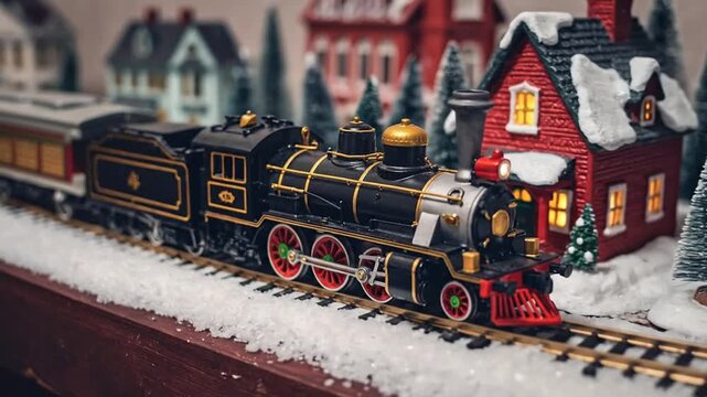 Vintage toy train set with steam engine, carriages, and festive village houses at Christmas