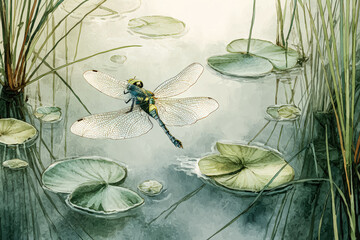 Dragonfly Resting on Lily Pads in Serene Pond