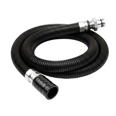A black coiled hose with silver connectors on a white background displayed prominently. isolated on white background