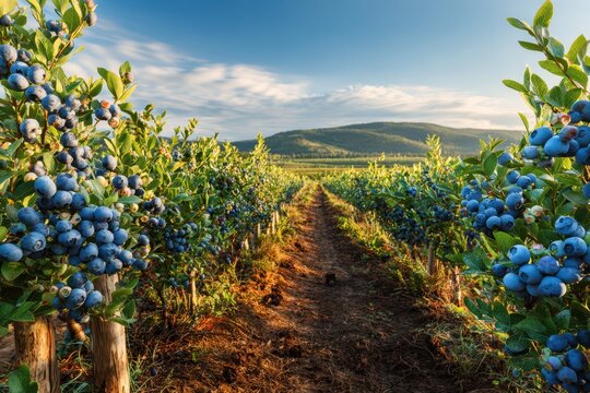 Dawn light over a productive blueberry farm with green foliage and berries