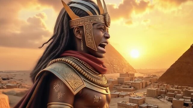 Great and powerful Egyptian warrior guarding the Great Pyramids, great commander on the Pyramid of Cheops in Ancient Egypt in Giza