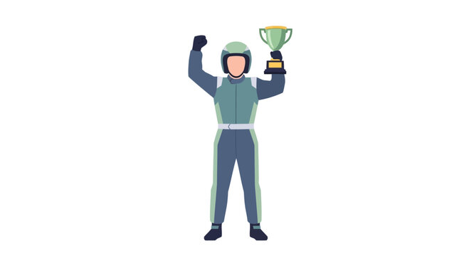 Excited Race Car Driver in Full Gear Celebrates Victory with Trophy