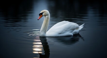 Fototapeta premium Serene White Swan on Dark Water