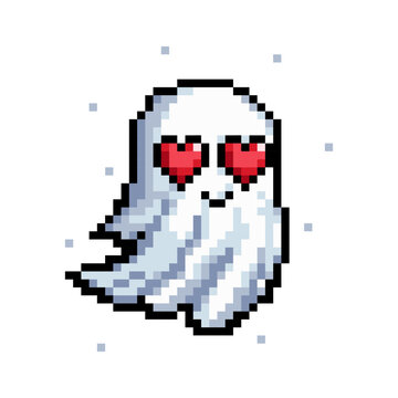 Pixel art icon. Ghost with loving eyes. Сute 8 bit character for game UI, stickers, app interface and romantic themed design.