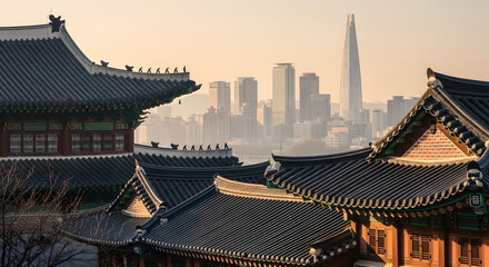 Fototapeta premium Traditional Hanok architecture roofs against the modern Seoul ci