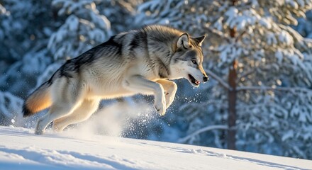 Fototapeta premium Wolf Jumping in Snowy Forest