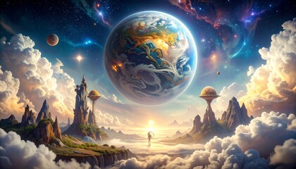 Surreal fantasy art depicts a person standing on clouds, gazing at a giant Earth from a dreamlike landscape.