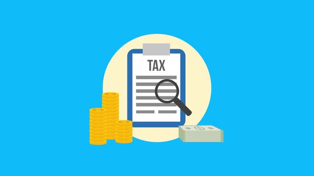Tax form for filling out an income declaration, coins, and a magnifying glass. In a flat style. Concept of taxes and calculations. 4K