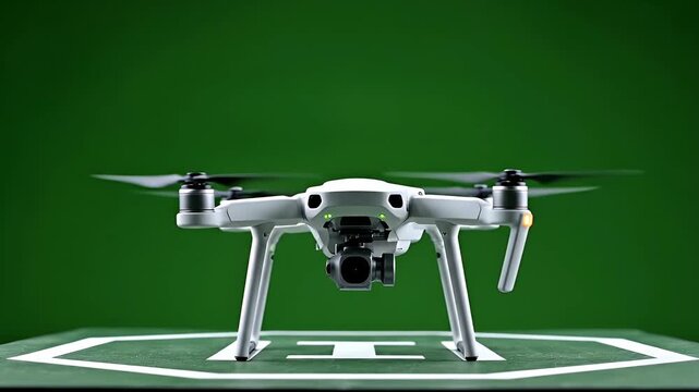 White quadcopter drone with camera, suspended above a green landing pad