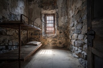 Obraz premium Dimly lit old prison cell with rusted bars and weathered stone walls