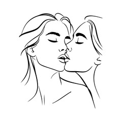 Dibujo con líneas de una pareja lesbiana romántica desnuda besándose. Novias enamoradas para tarjetas y felicitaciones de San Valentín © teracreonte