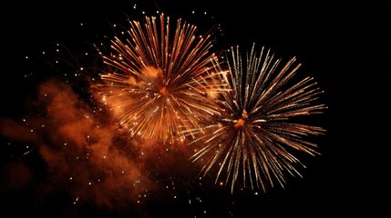 Dramatic orange firework bursts against a deep black sky