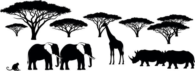 Black silhouette set of African savanna animals, elephant, giraffe, rhino, monkey and acacia trees, cad drawing flat vector illustration, isolated. © Shapla