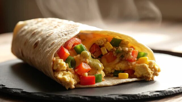 Burrito wrap tortilla, eggs, peppers, corn, scallions, sauce on a dark platter