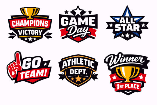 A collection of six vibrant sports-themed logos and emblems, featuring designs for champions, game day, all-stars, team spirit, athletic departments, and first-place winners.