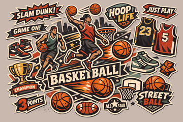 Obraz premium Dynamic collection of basketball-themed stickers and patches featuring players, equipment, and motivational phrases in a vibrant graphic style.