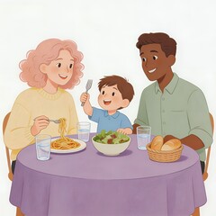 Family Dinner Joy: Multicultural Mealtime with Spaghetti, Salad, and Laughter