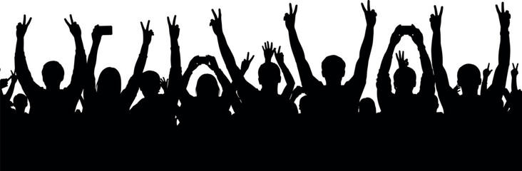 Crowd of Cheerful People Silhouette with Raised Hands Victory Signs and Smartphones at Concert Festival Celebration Event Party on White Background (21 words)